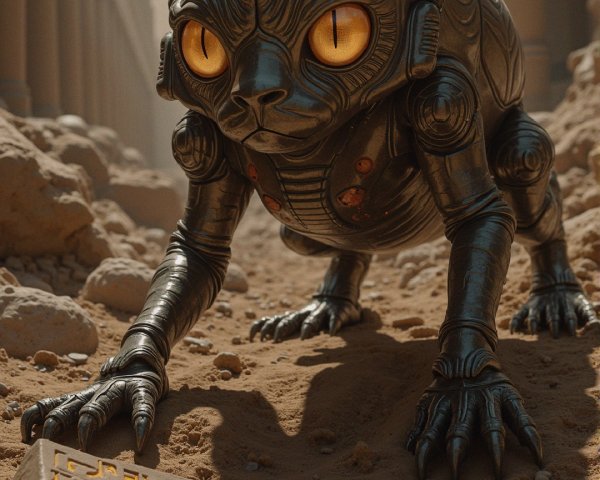 Futuristic robotic cat at an archaeological site