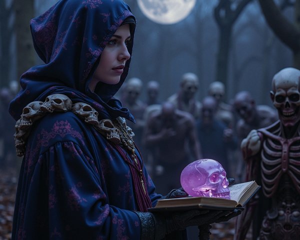 Cloaked Figure with Skull and Book in Mystical Forest