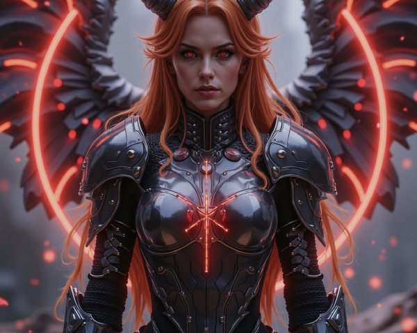 Fierce warrior in dark armor with majestic wings