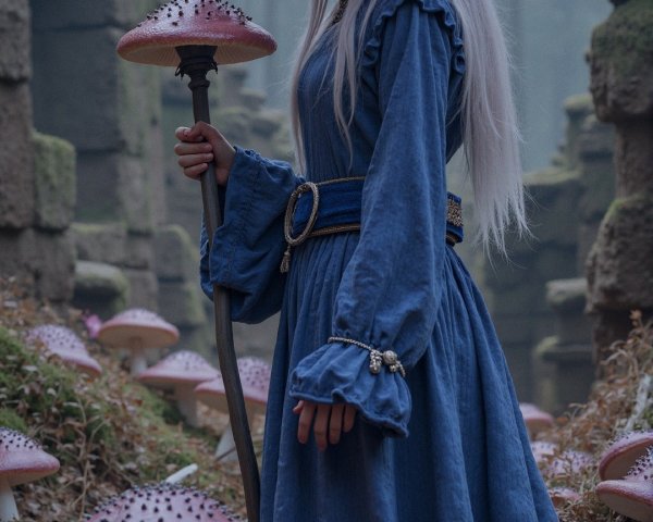 Young Woman in Mystical Forest with Pink Mushrooms