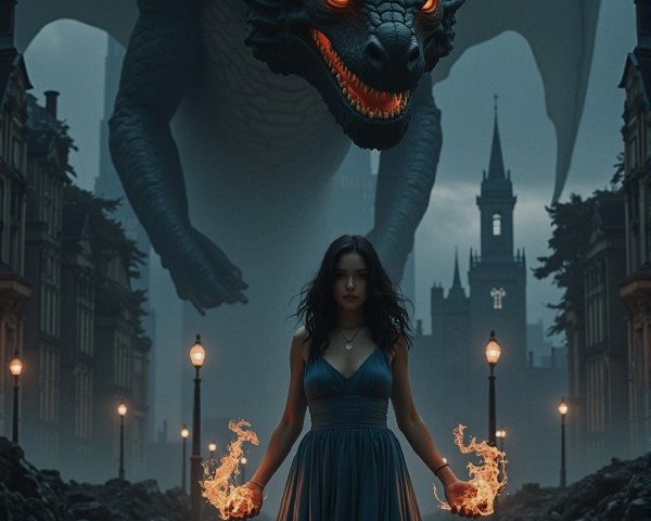 Woman in Blue Dress with Dragon in Dark Setting