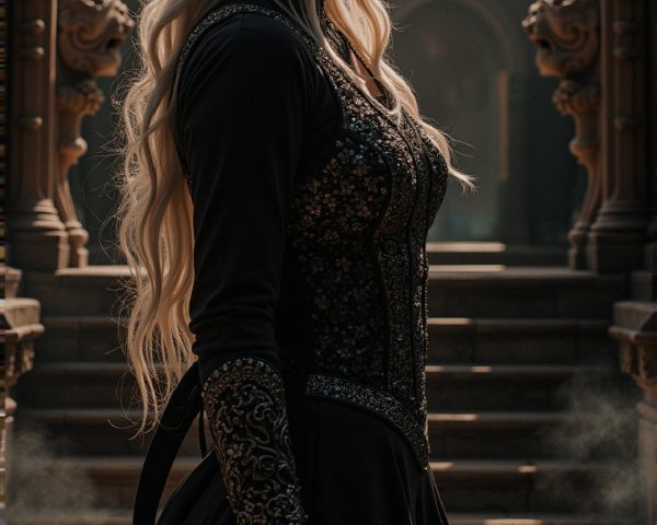 Regal figure in ornate architecture with a sword