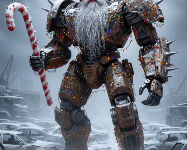 Menacing Robot in Santa Hat in Snowy Junkyard