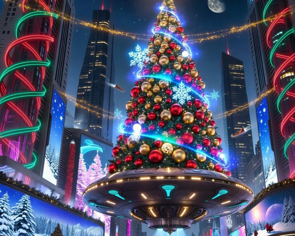 Futuristic festive cityscape with decorated Christmas tree