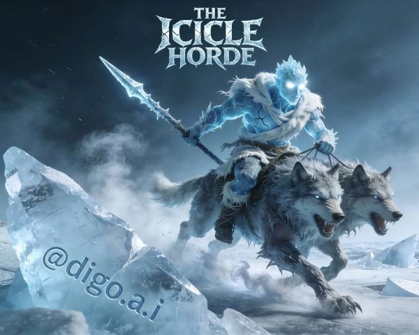 Blue-Skinned Ice Rider on Wolves in Icy Landscape