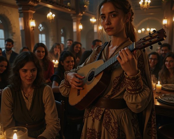 Young Woman Playing Ukulele in Candlelit Tavern