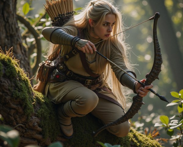 Archer Aiming from a Tree Branch in Woodland Setting