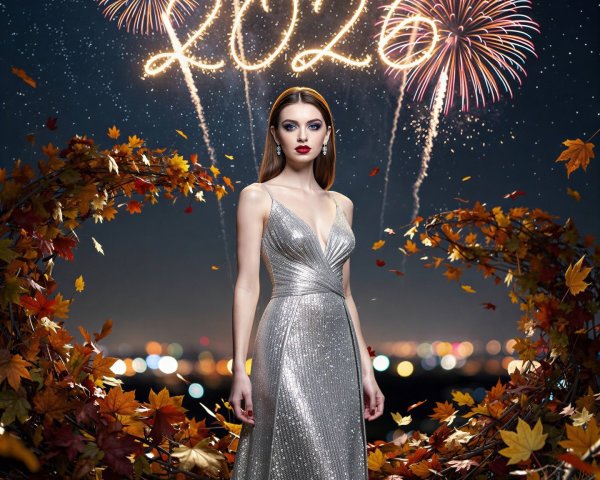 Woman in Silver Gown Under Starry Sky with Fireworks