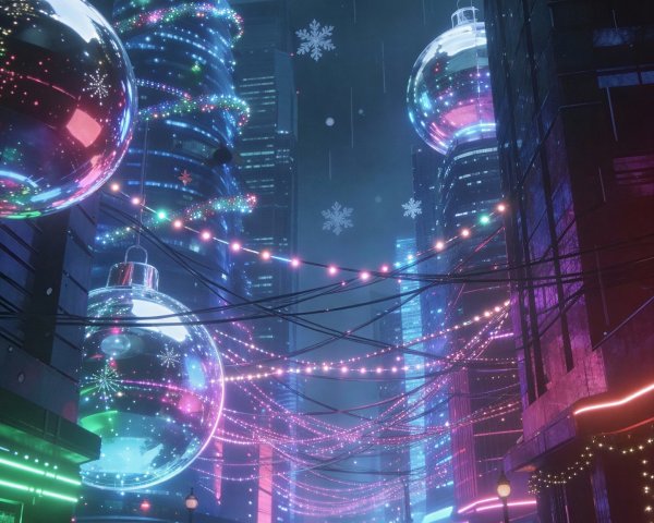 Christmas City Street with Neon Lights and Snowfall