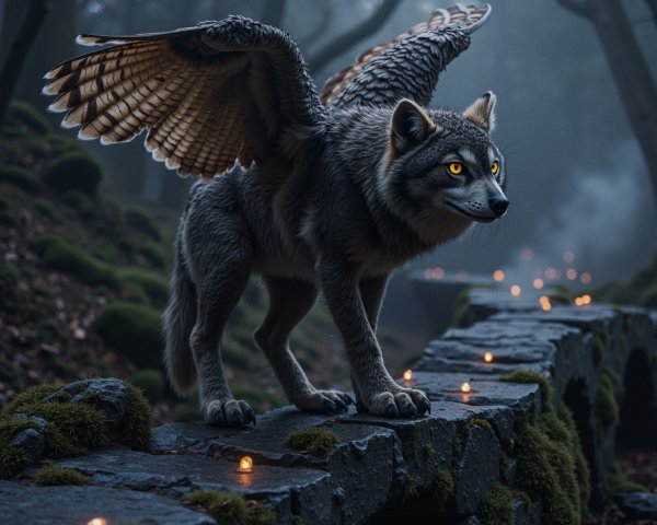 Mystical creature in foggy forest with wings and glow