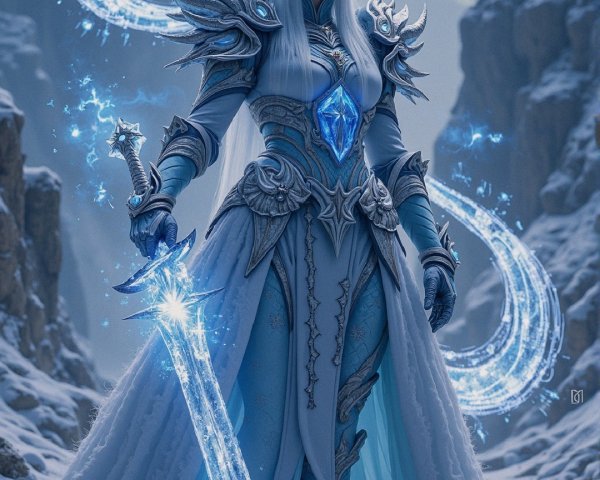 Majestic warrior in icy armor in snowy landscape