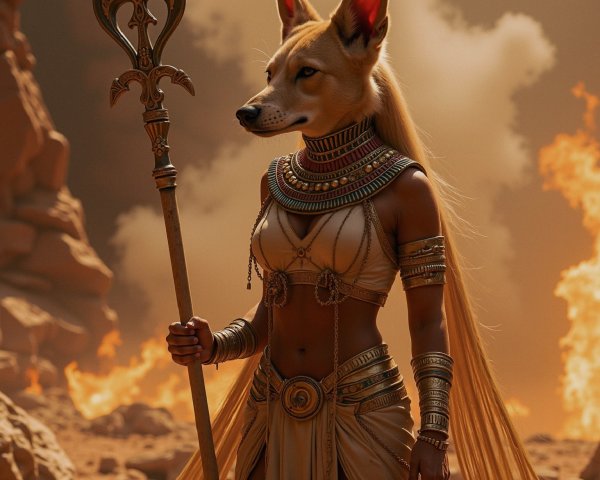 Majestic figure in fiery landscape with dog deity features