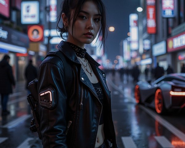 Young woman in urban fashion on neon-lit street