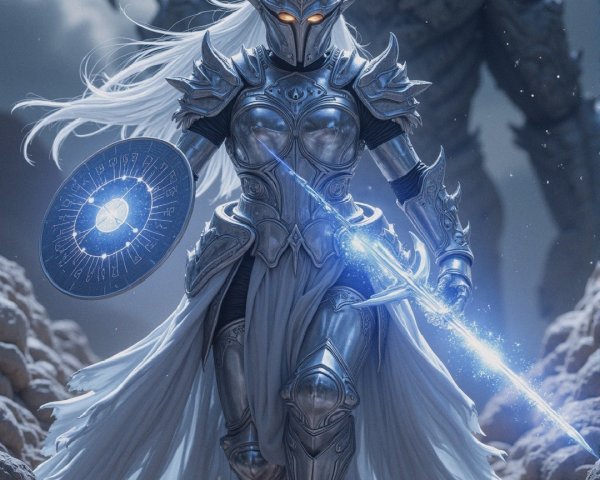 Knight in Silver Armor Confronts Dragon in Dark Clouds