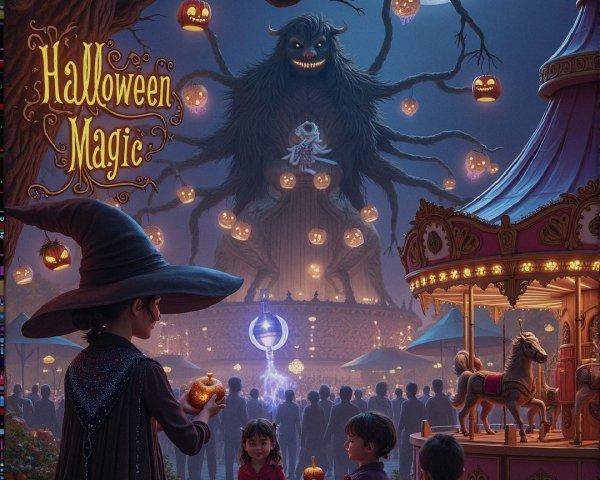 Whimsical Halloween Scene with Carnival and Creatures