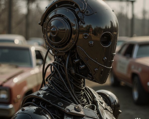 Futuristic Black Robot with Vintage Car Backdrop
