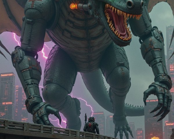 Robotic Dragon Overlooks Dystopian City Bridge Scene