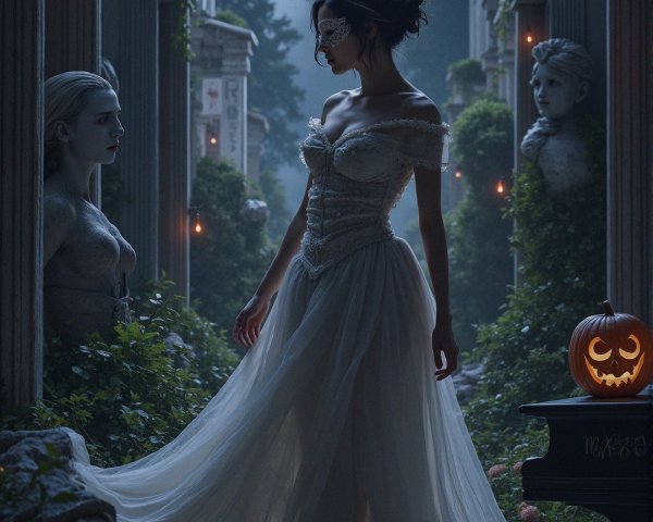 Mystical Garden Scene with Woman and Serene Statue