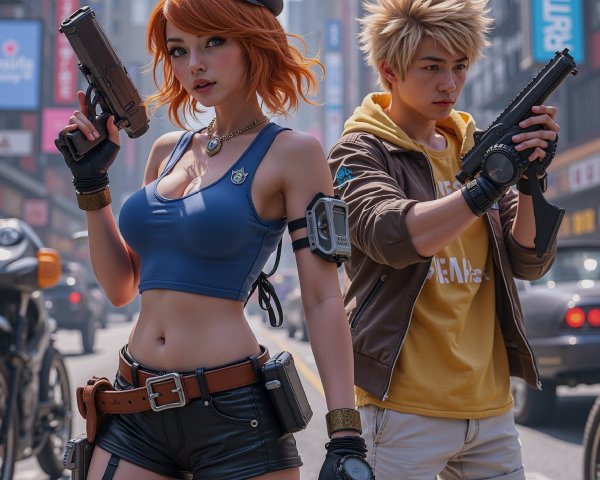 Cosplayers in Urban Setting with Action-Ready Attire
