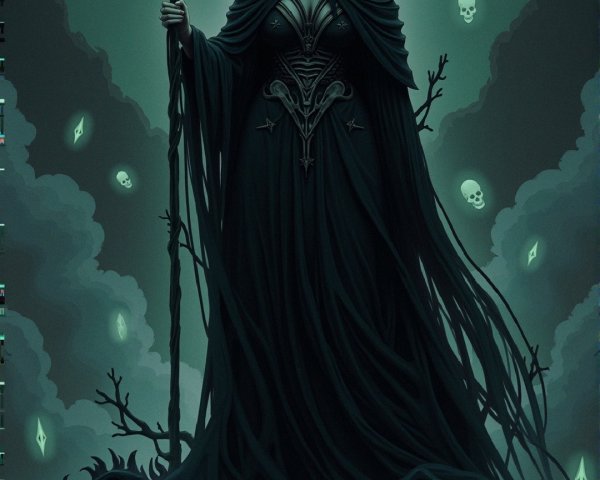 Mysterious figure in dark robe with glowing orb and skulls