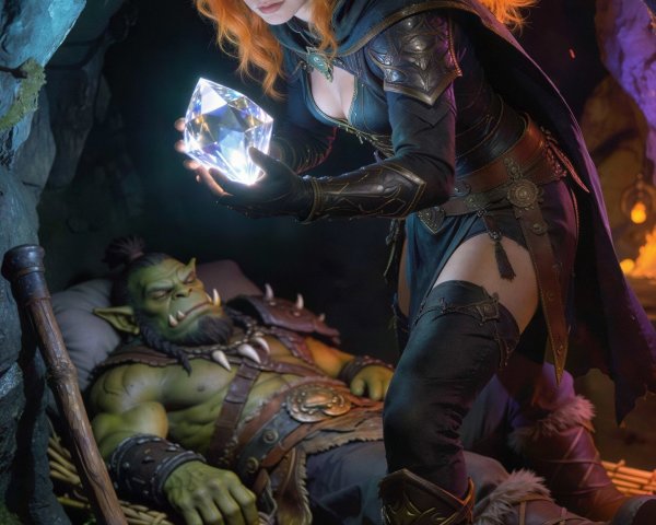High-Fantasy Scene with Rogue and Sleeping Ogre