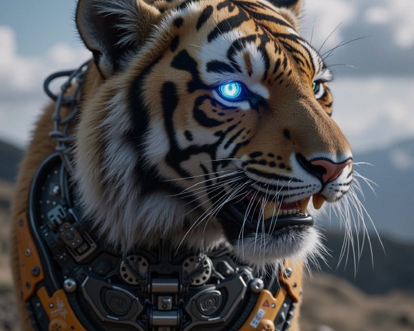 Futuristic Cybernetic Tiger in Rugged Landscape