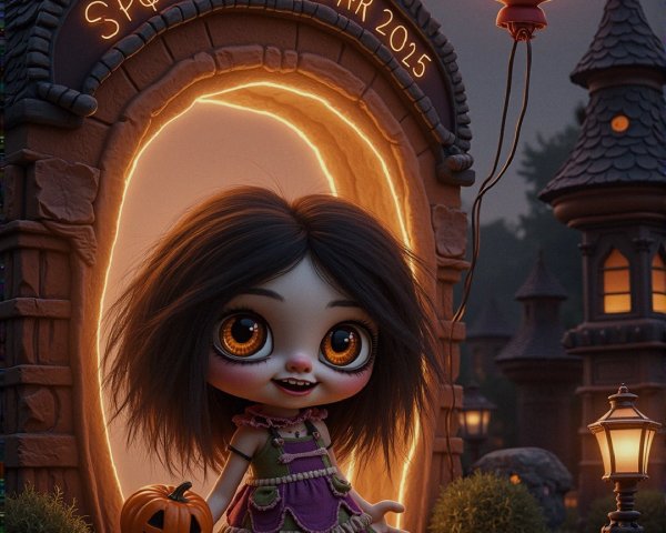 Whimsical Halloween Scene with Doll and Decorations