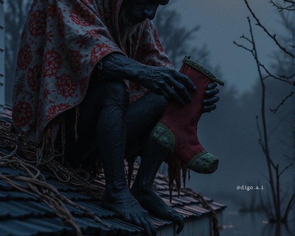 Mysterious Horned Figure on Flooded Roof at Night