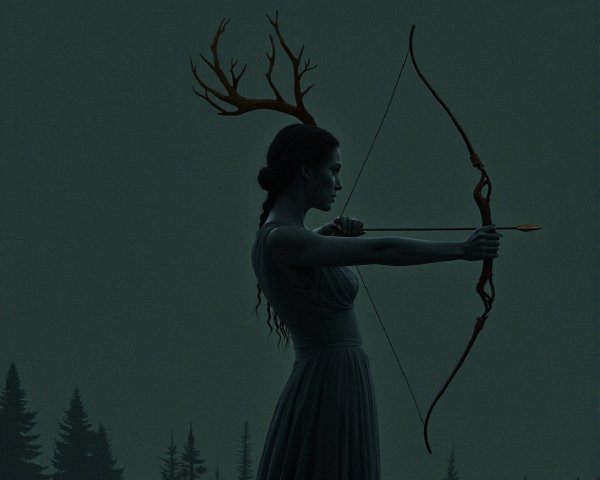 Silhouette of a Woman Resembling Artemis in Forest