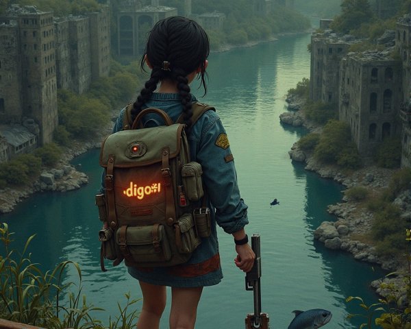 Young girl in post-apocalyptic landscape by river