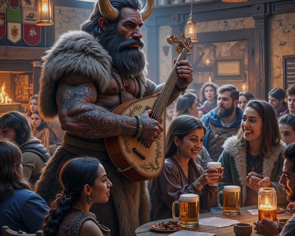 Muscular Musician with Horns Plays Lute in Tavern