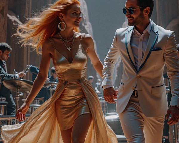 Glamorous Couple in Neon Retro-Themed Setting