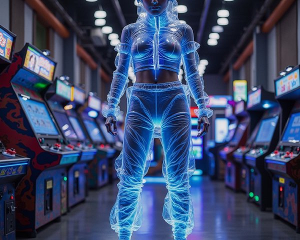 Futuristic Figure in Vibrant Retro Arcade Scene