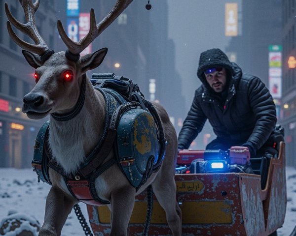 Reindeer-Pulled Sleigh in Wintry Urban Landscape