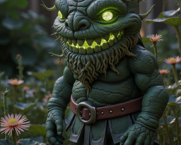 Whimsical Green Creature in Sunlit Garden Setting