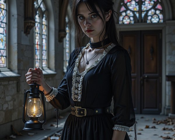 Young woman with lantern in ornate gothic setting