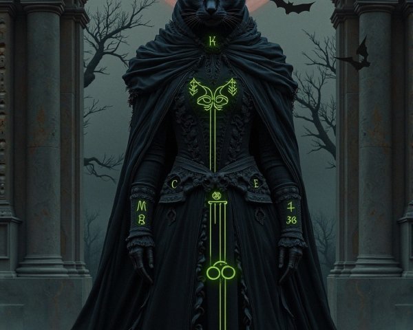 Mysterious feline figure in a dark gothic setting