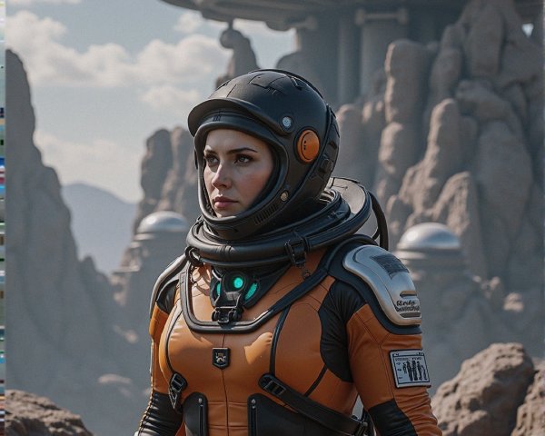 Futuristic Astronaut on Alien Rocky Landscape