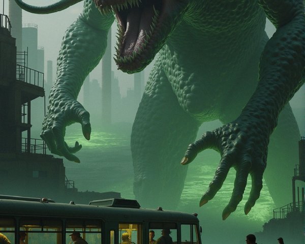 Colossal Creature Over Cityscape in Misty Atmosphere