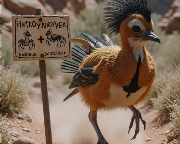 Vibrant Bird in Desert Landscape with Whimsical Sign