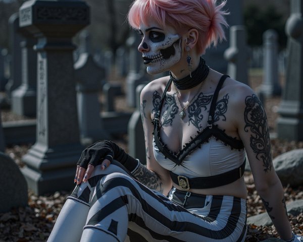 Person with Pink Hair in Gothic Graveyard Setting