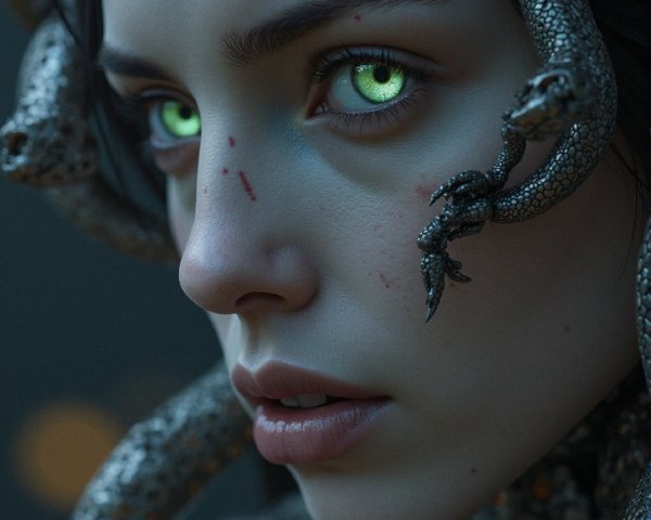 Portrait of a figure with glowing green eyes and tendrils