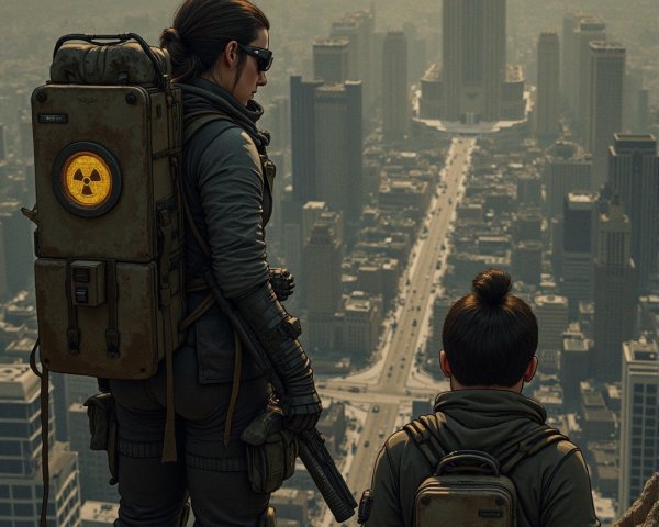 Armed Figures on Cliff Overlooking Stormy Cityscape