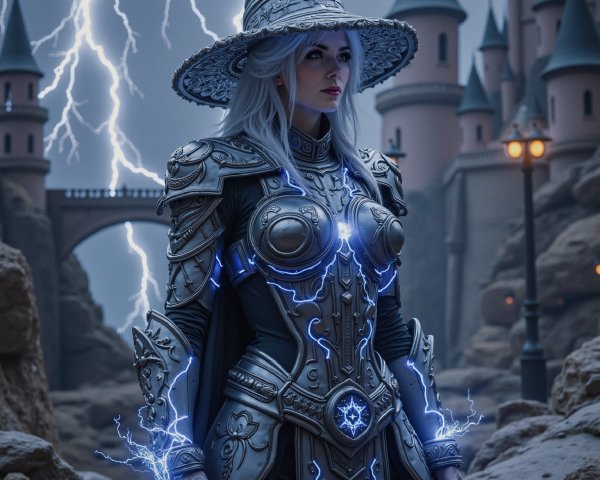 Female Sorceress in Armor Amid Stormy Landscape