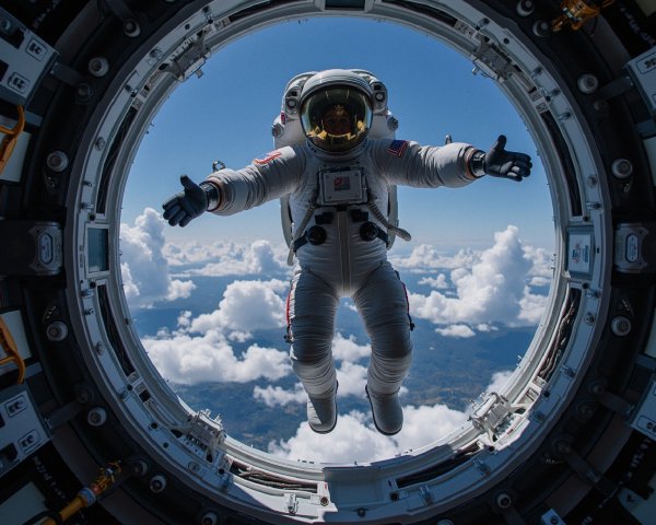 Astronaut in Spacesuit Floating Outside Spacecraft