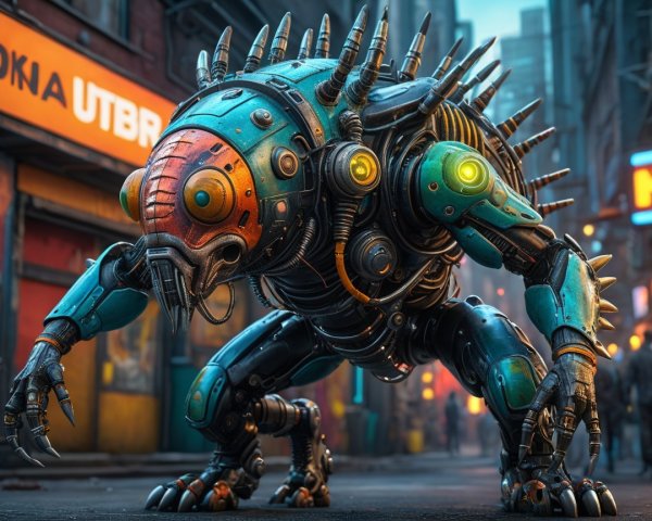 Robotic Creature in Futuristic Urban Alley Setting