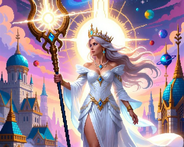 Radiant Queen in Pixel Art with Cosmic Background