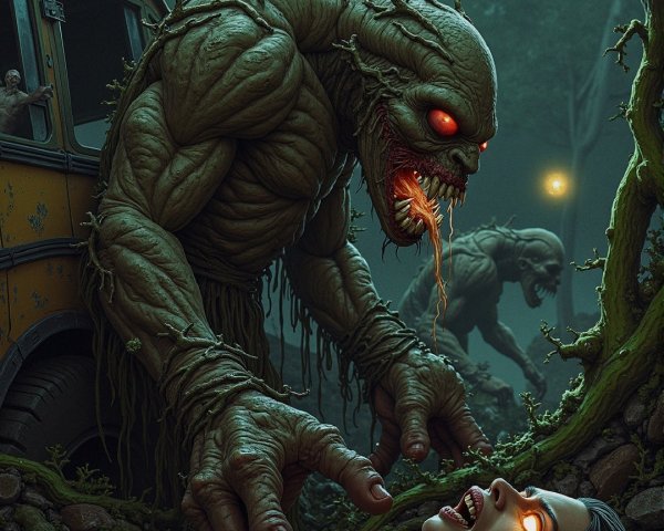 Grotesque Creature in Eerie Forest with Glowing Eyes