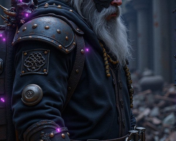 Rugged Elderly Figure in Dark Robes and Armor