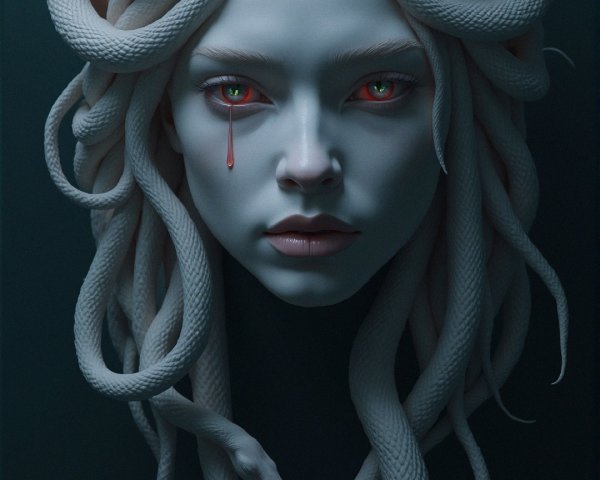 Medusa Figure with White Snakes and Red Eyes